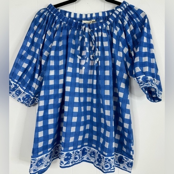 NWT Tuckernuck SZ Blockprints Blue Gingham Tracy London Top Small - Picture 2 of 8